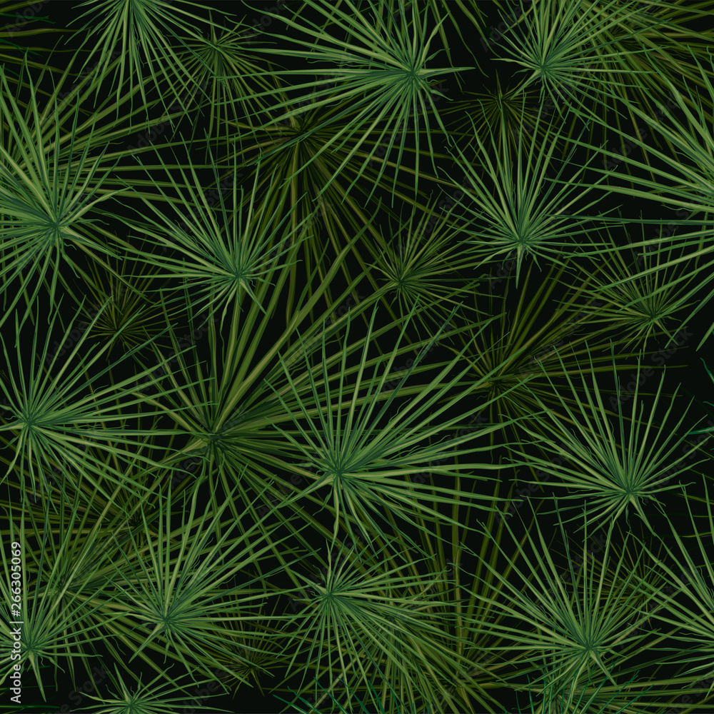 Vector seamless pattern of green palm leaves and tropical plants on a black background. Exotic background for seasonal design.