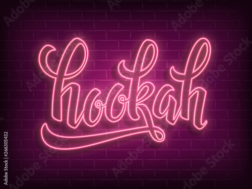 Hookah neon lettering logo. Vector poster with handwritten typography and brick wall background. Glowing label for hookah lounge or bar.