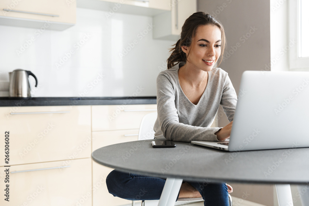 Attractive smiling young woman working on laptop Attractive smiling young woman working on laptop