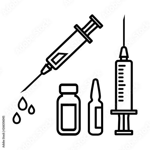 Black outline set of syringes for injection with vaccine, vial of medicine, ampoule. Vector illustration