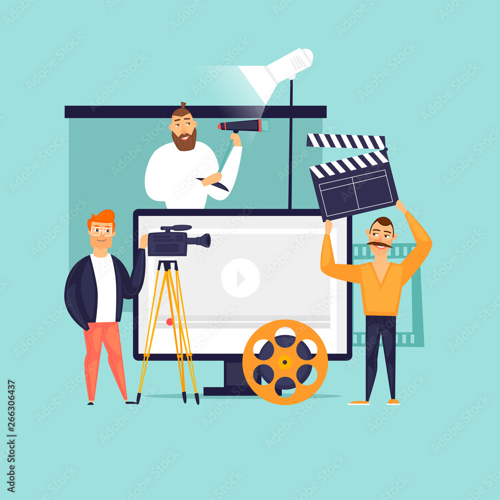 Video filming, reporting, the team is shooting video. Flat design vector illustration. Video filming, reporting, the team is shooting video. Flat design vector illustration.