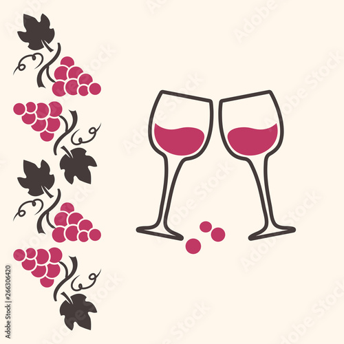 Decoration background witn grapes and wine glasses. Vector illustration.