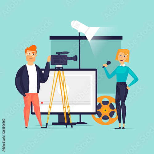Video filming, reporting, the team is shooting video. Flat design vector illustration. 