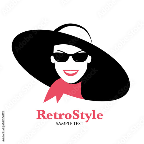 Icon or avatar of smiling woman with hat, sunglasses and headscarf in retro style, isolated on white background