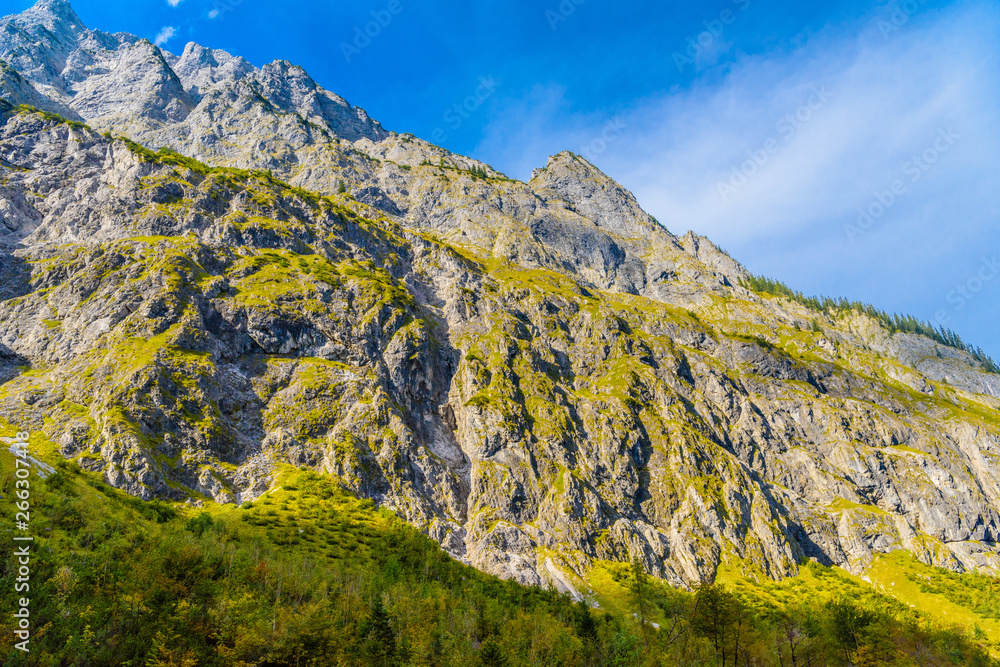 Valley in Alps mountains near Koenigssee, Konigsee, Berchtesgaden National Park, Bavaria, Germany.