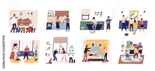 Collection of cute funny people doing housework. Set of men, women and children washing dishes, cleaning windows, vacuuming carpet, folding clothes, making bed. Flat cartoon vector illustration. © Good Studio