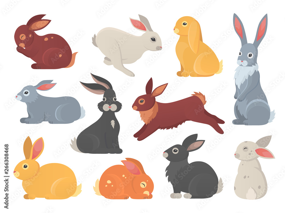 Vector set of cute rabbits in cartoon style. Bunny pet silhouette in different poses. Hare and rabbit colorful animals collection. Vector set of cute rabbits in cartoon style. Bunny pet silhouette in different poses. Hare and rabbit colorful animals collection.