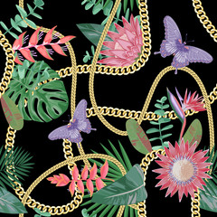 Foto auf Acrylglas Blumen- und Juwelenmuster Goldene Ketten-nahtloses Muster mit tropischen Blumen.  © kronalux