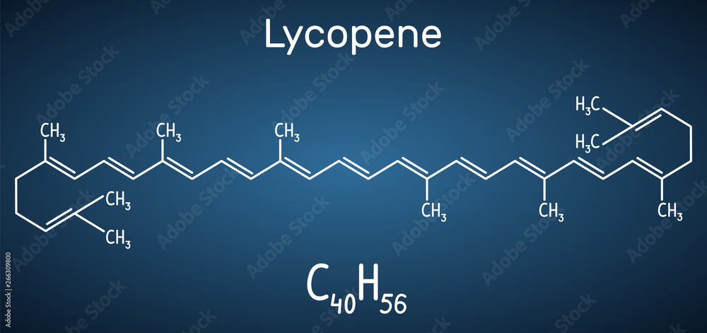 Lycopene molecule. Structural chemical formula on the dark blue background