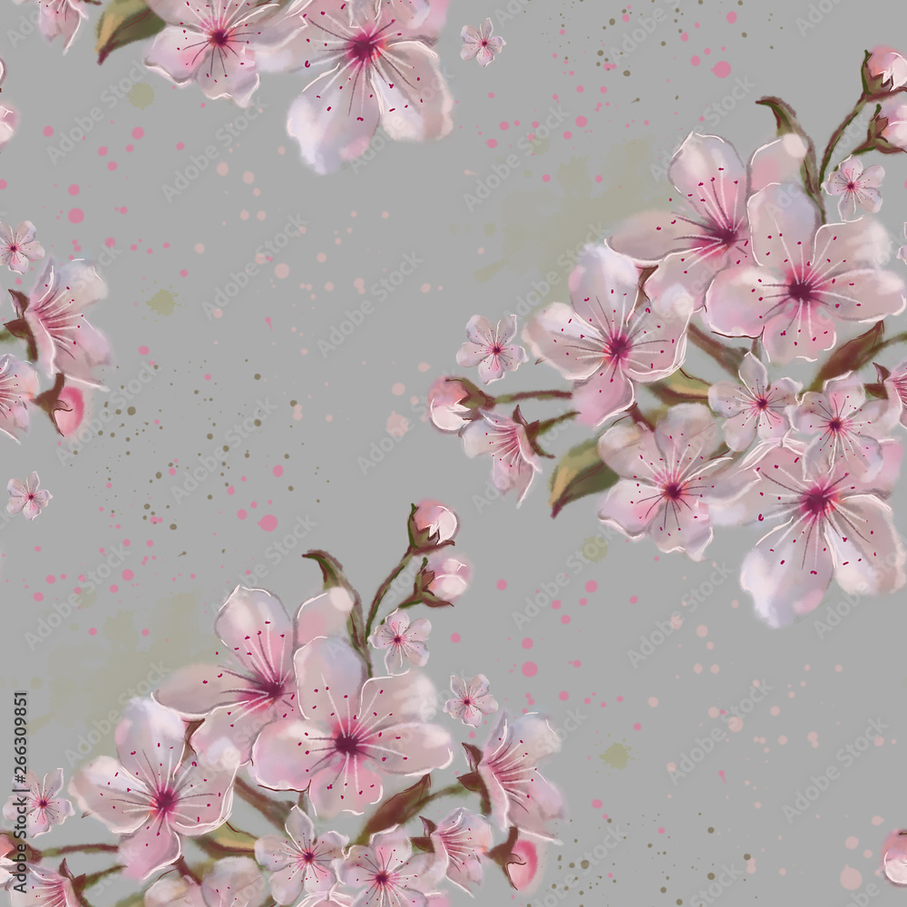 Pink Flower Vignettes Seamless Pattern with Paint Splatter. Romantic Floral Design for Print, Background, Wrapping Paper, and Textile.