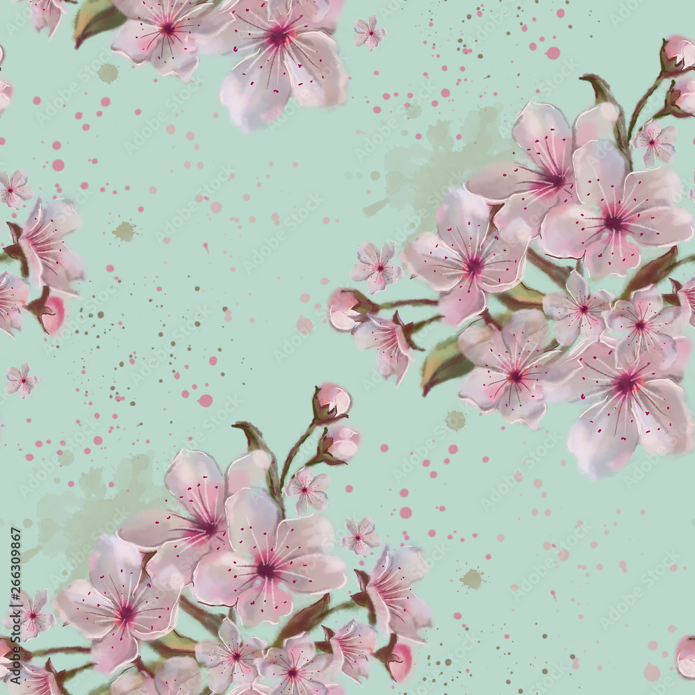 Pink Flower Vignettes Seamless Pattern with Paint Splatter. Romantic Floral Design for Print, Background, Wrapping Paper, and Textile.