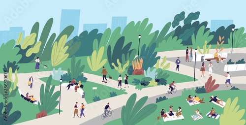 Fototapeta Naklejka Na Ścianę i Meble -  Landscape with people walking, playing, riding bicycle at city park. Urban recreation area with men and women performing leisure activities outdoors. Flat cartoon colorful vector illustration.