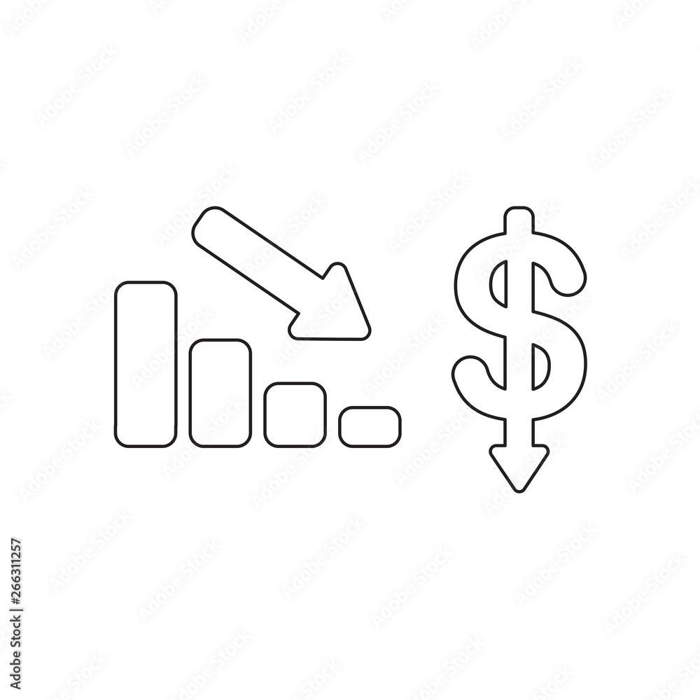 Vector icon concept of sales bar chart with arrow moving down and dollar money with arrow moving down. Black outline. Vector icon concept of sales bar chart with arrow moving down and dollar money with arrow moving down. Black outline.