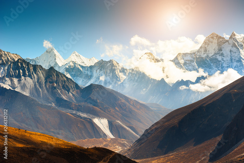Himalaya mountain range against the sky at sunset. Khumbu valley, Himalayas, Everest region, Nepal