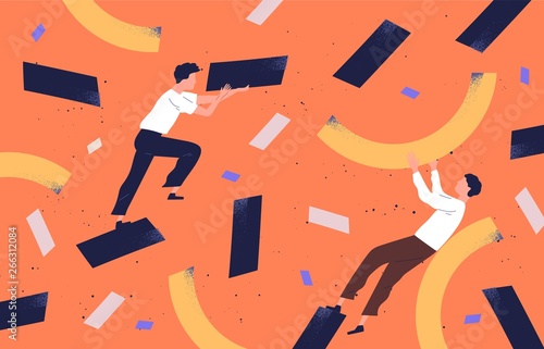 Pair of cute funny men collecting scattered abstract geometric shapes and org...