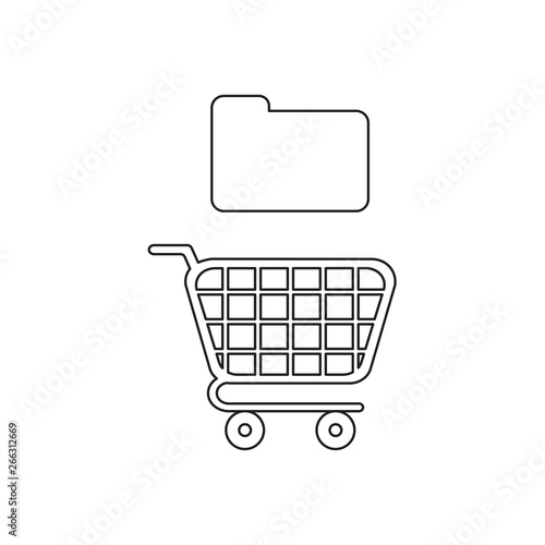 Vector icon concept of closed folder over shopping cart. Black outline.