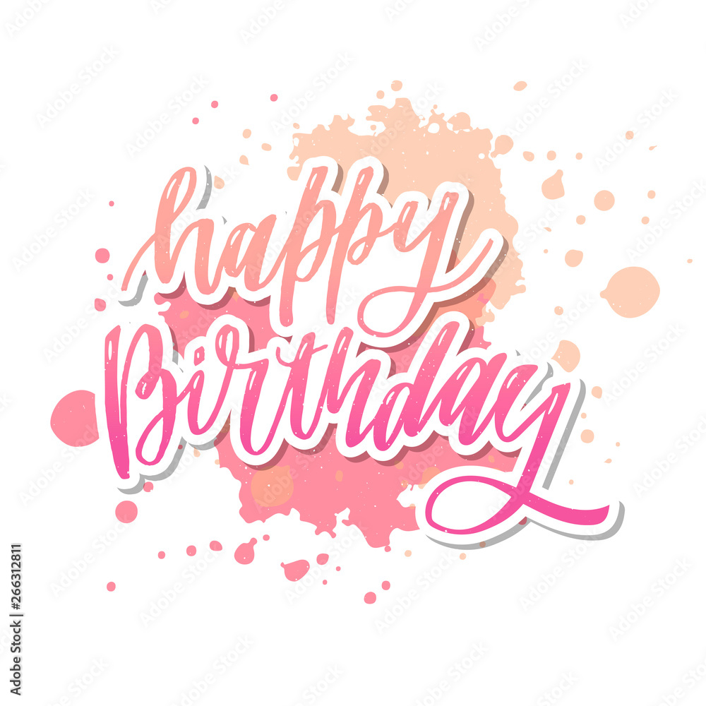 Happy birthday hand drawn vector lettering design on background of pattern with stripes. Perfect for greeting card.