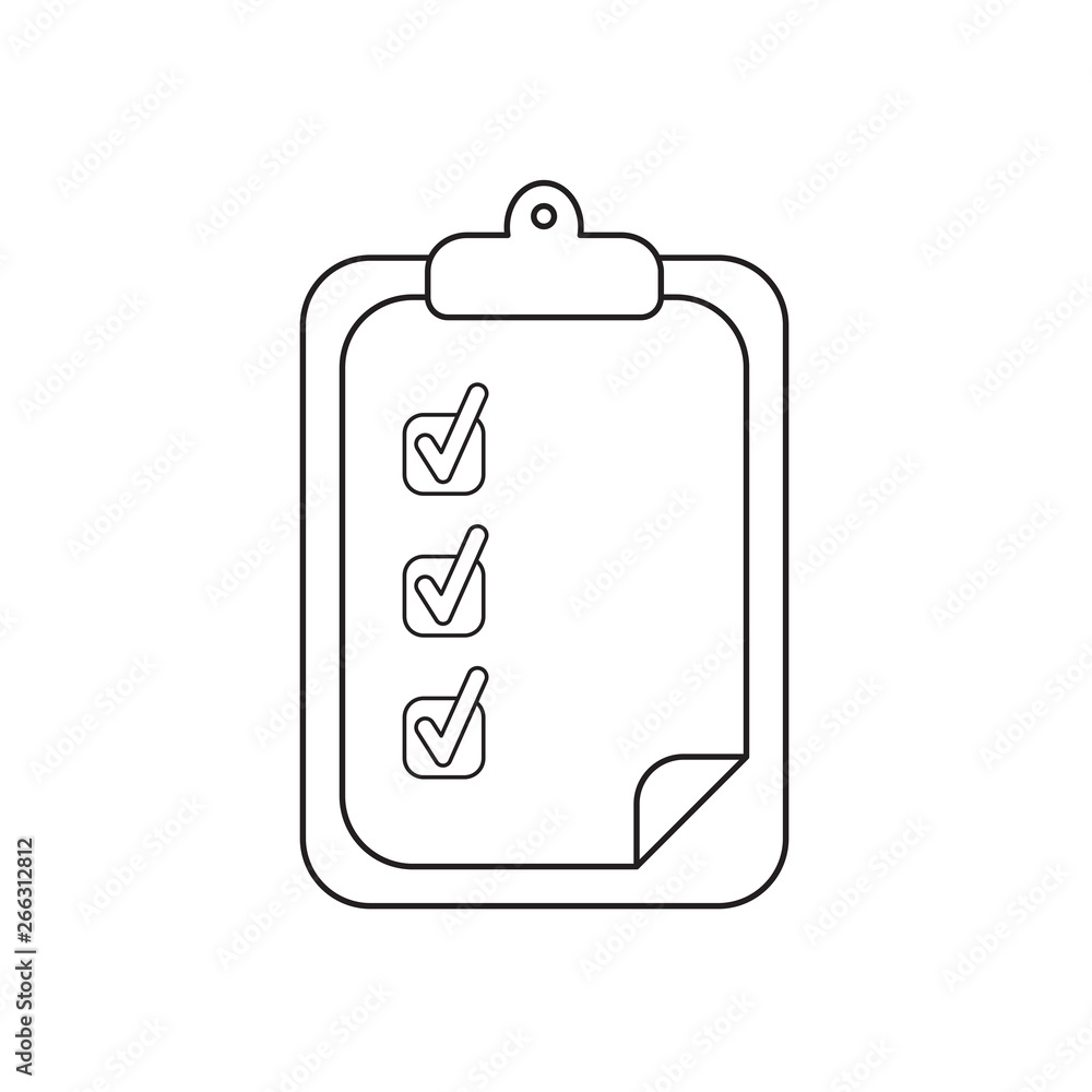 Vector icon concept of clipboard with check marks on paper. Black outline. Vector icon concept of clipboard with check marks on paper. Black outline.