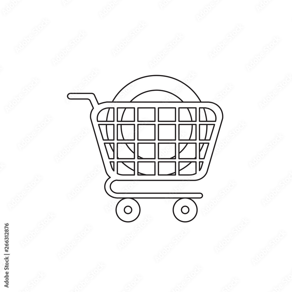 Vector icon concept of dollar money coin in shopping cart. Black outline. Vector icon concept of dollar money coin in shopping cart. Black outline.