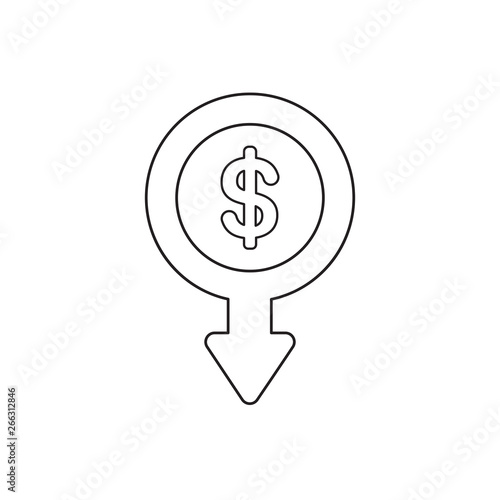Vector icon concept of dollar money coin with arrow moving down. Black outline.