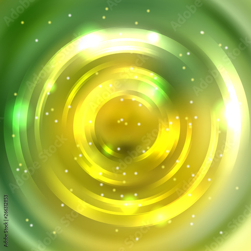 Vector round frame. Shining circle banner. Glowing spiral. Vector illustration. Green, yellow colors.