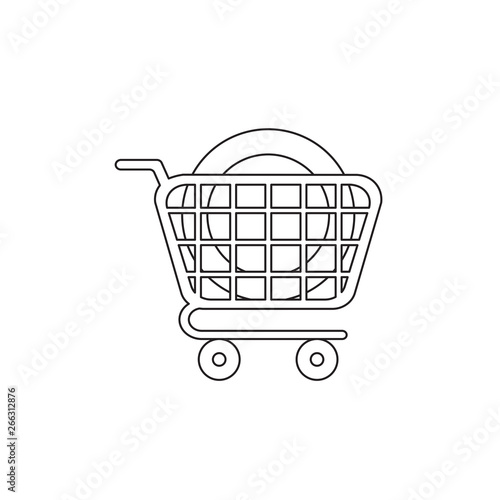Vector icon concept of dollar money coin in shopping cart. Black outline.