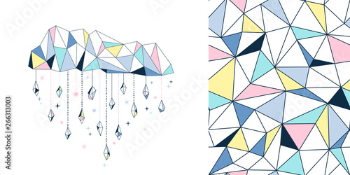 Magical childish pajamas graphics set with t-shirt print and accompanied tileable background. Whimsical geometric triangle coloured cloud with gemstone drops illustration. Polygonal linear