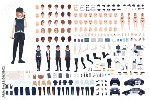 Policewoman animation set or DIY kit. Bundle of female police officer body parts, faces, hairstyles, uniform, clothing and accessories isolated on white background. Flat cartoon vector illustration.