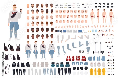 Hipster boy in trendy clothes constructor set or DIY kit. Guy in street style outfit. Bundle of body parts and accessories. Male cartoon character. Front, side, back views. Vector illustration.