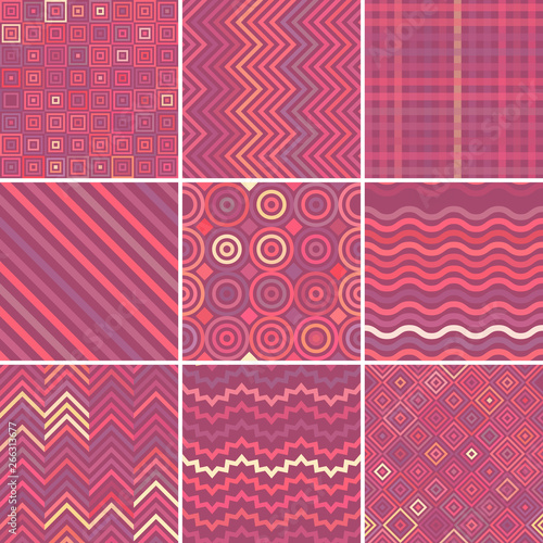 Set with nine pink seamless abstract geometric pattern, vector illustration