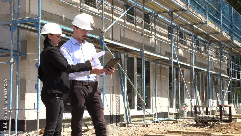 Two architects in white helmets discuss a plan at a construction site Two architects in white helmets discuss a plan at a construction site
