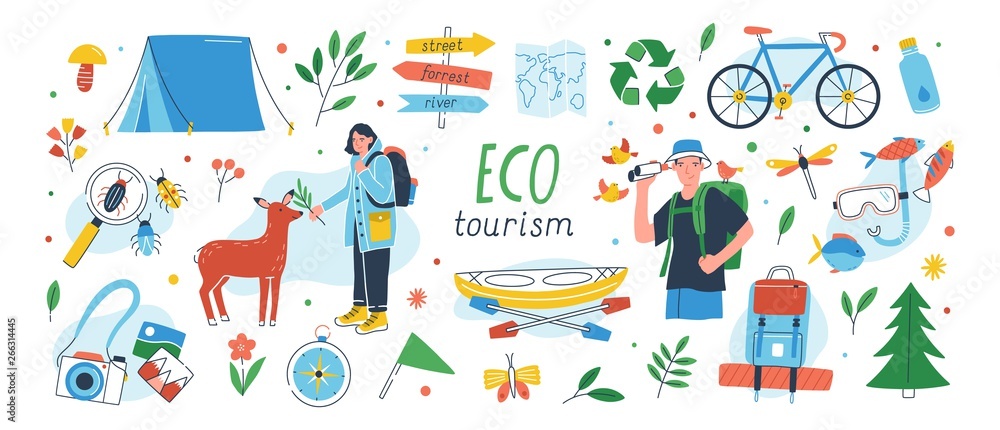 Ecotourism set. Collection of eco friendly tourism design elements isolated on white background - male and female tourists or ecologists, tent, backpack, kayak. Flat cartoon vector illustration. - obrazy, fototapety, plakaty 