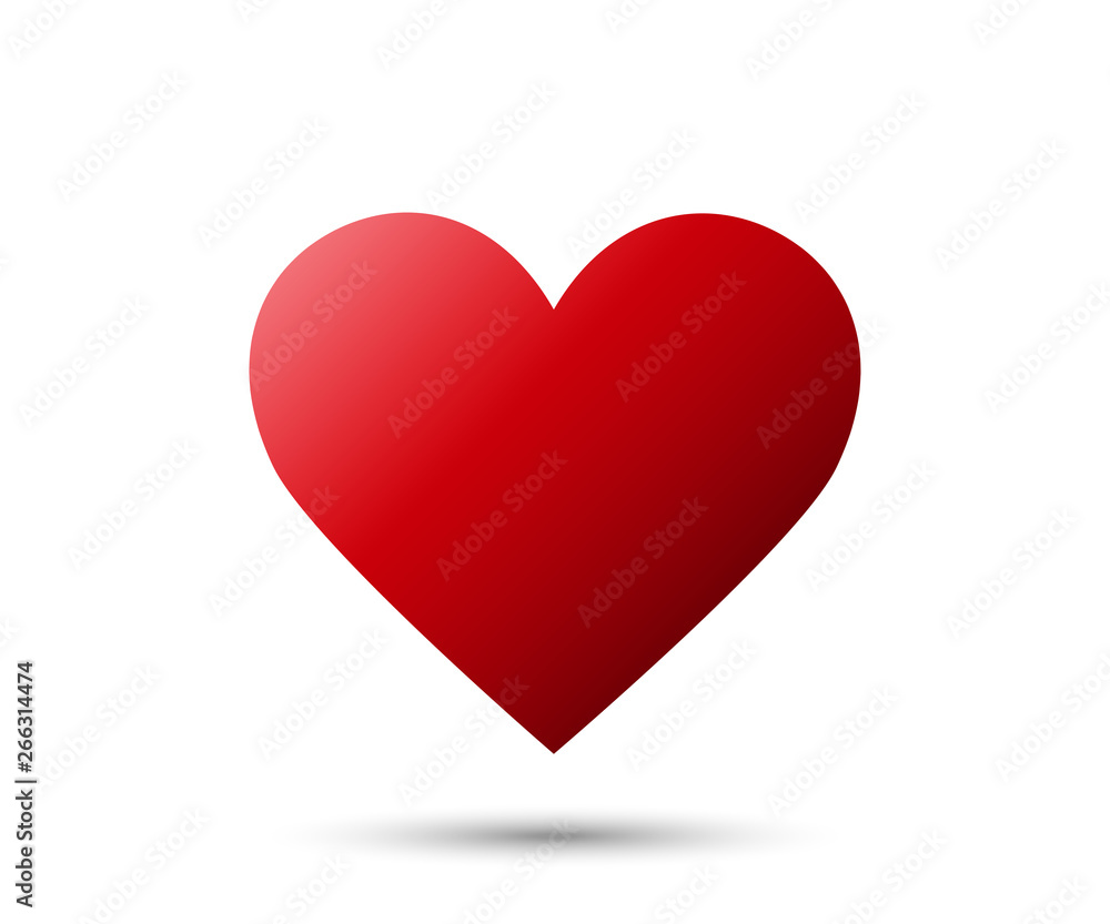 Realistic red Heart icon with shadow isolated on white background. Love emoji
