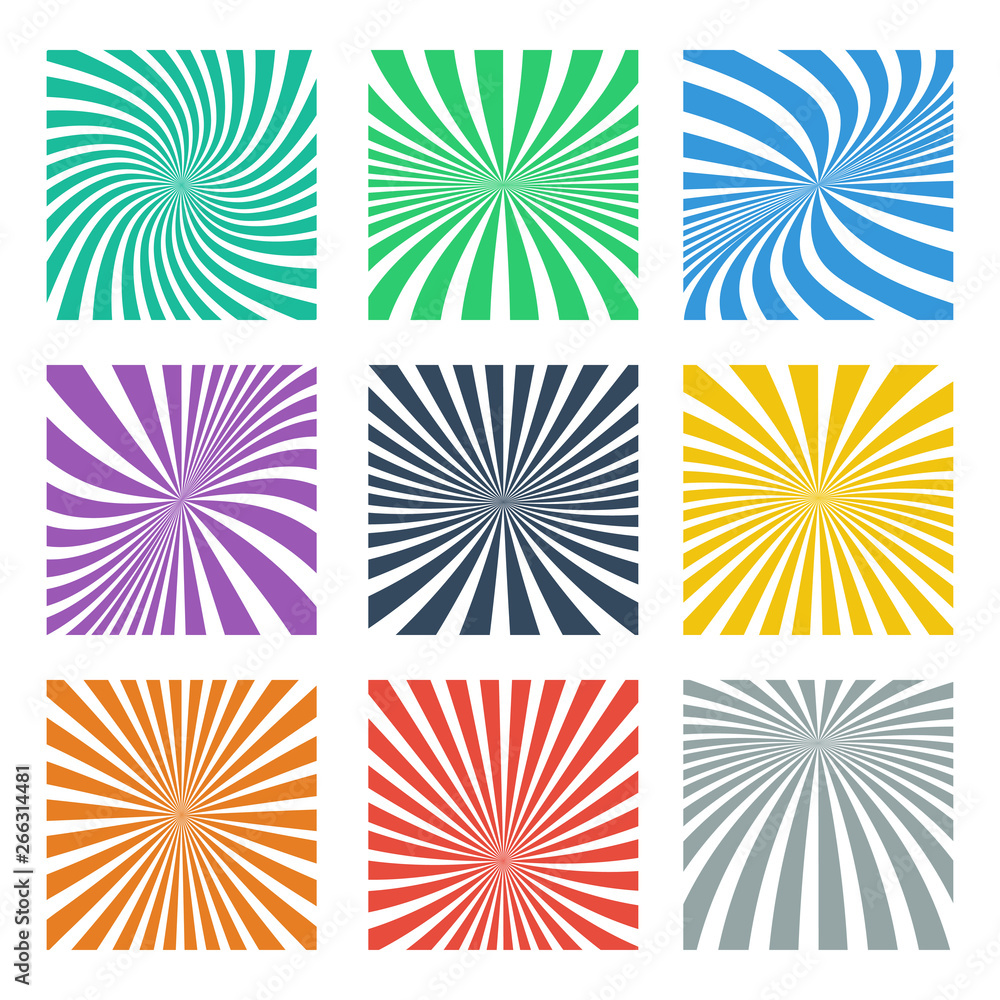 Set of Sun rays colorful icons isolated on white background. Sun icons in circle and spiral design Set of Sun rays colorful icons isolated on white background. Sun icons in circle and spiral design