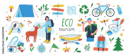 Ecotourism set. Collection of eco friendly tourism design elements isolated on white background - male and female tourists or ecologists, tent, backpack, kayak. Flat cartoon vector illustration.