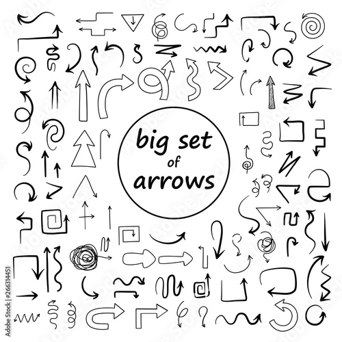 Doodle arrows set. Sketch swirly arrows black hand drawn curved pointer icons isolated on white background - Vector illustration