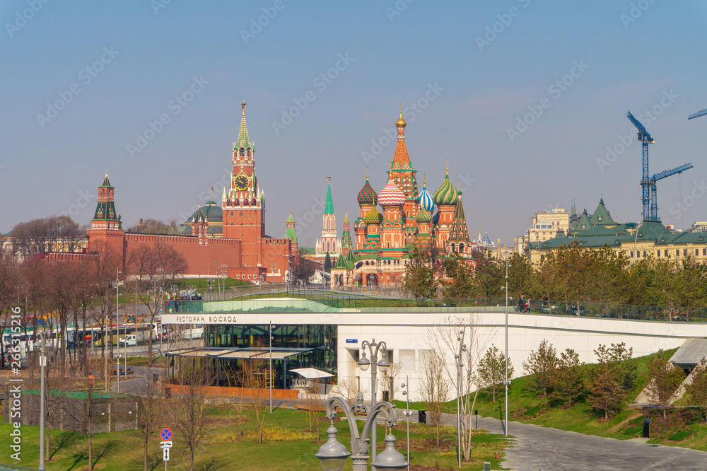 Panoramic view to Kremlin and St. Basil the Blessed from the floating bridge of Zaryadye park in Moscow, Russia