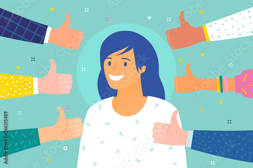Concept of success. Cheerful young woman surrounded by hands with thumbs up.