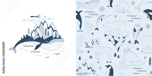 Magical childish pajamas graphics set with t-shirt print and accompanied tileable background. Big Blue Whale with Mountains on his back illustration. Polar Bear Walrus Penguin Narwal Seal Reindeer