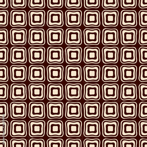 Abstract seamless geometric pattern of smooth beige squares on dark brown background.