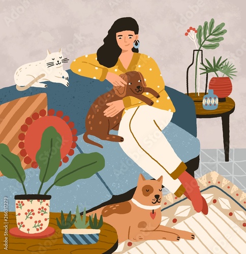 Cute smiling young girl sitting on comfy sofa with dogs and cat. Adorable woman spending time at home with her domestic animals. Portrait of happy pet owner. Flat cartoon vector illustration.
