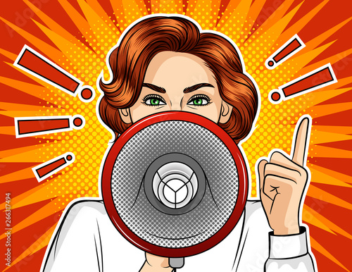 Color vector pop art comic style illustration of a girl with a loudspeaker. Promotional poster with exclamation marks and emotional female face. Fight and protest women.