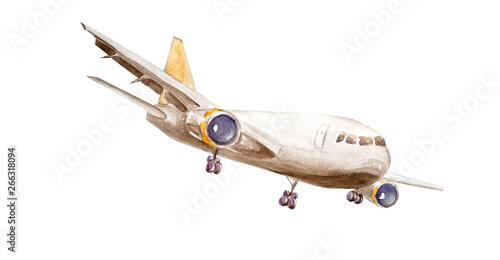 A cargo plane, one turbine on wings and a yellow tail, takes off into the air. Painted in watercolor isolated on a white background for an illustration of logistics, freight traffic