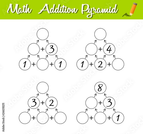 Math Pyramid Game. Educational a mathematical game. Beginner level. Mathematical puzzle