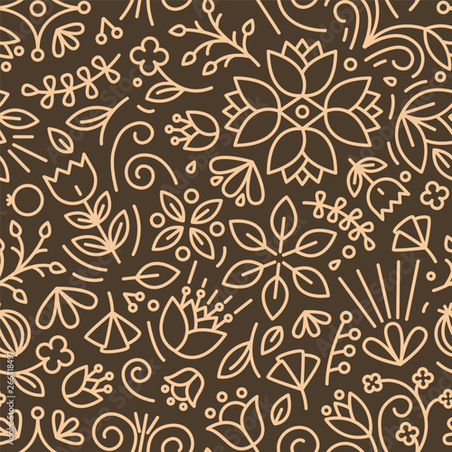 Natural seamless pattern with outlines of blooming flowers and leaves on dark...