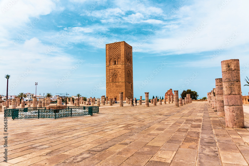 Tour Hassan tower with stone columns in the square - Hassan Tower or Tour Hassan is the minaret of an incomplete mosque in Rabat, Morocco