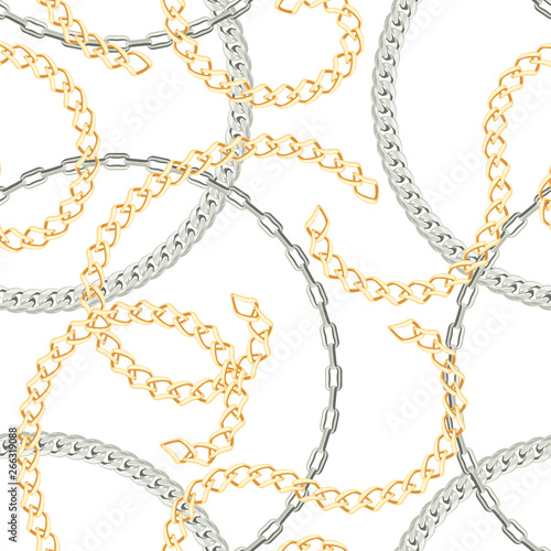 Seamless pattern with chains on a white background. Vector illustration of gold and silver jewelry in cartoon flat style.