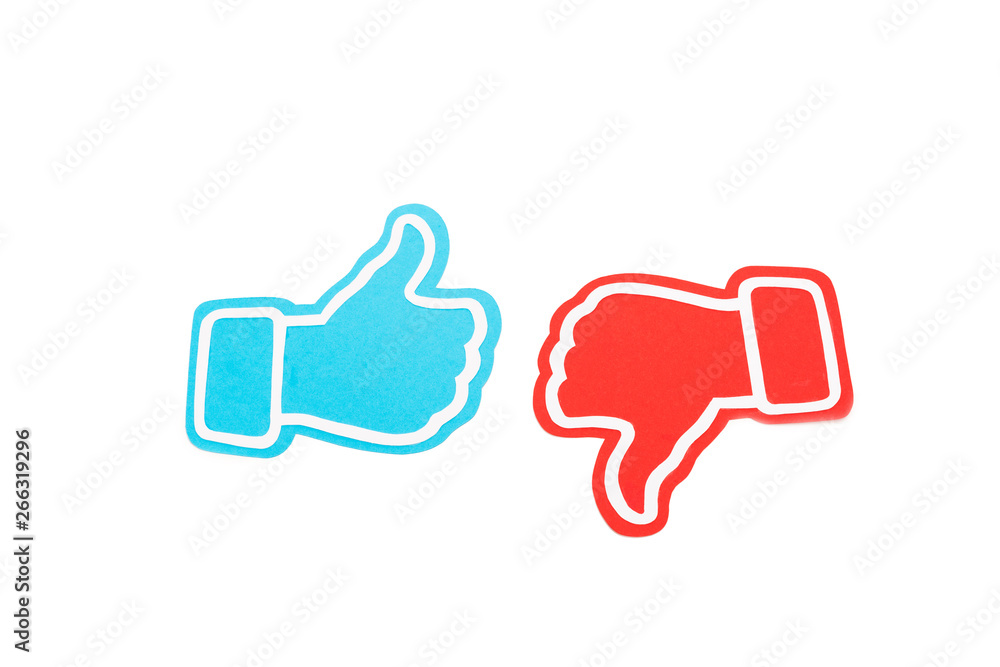 blue thumb up and red thumb down signs isolated on white