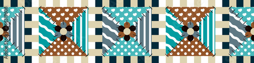 Vector seamless border pattern. Cute patchwork, quilt design. Colored funny patches with different ornament, stitched with threads and ribbons. Abstract texture, textile background, flap decoration