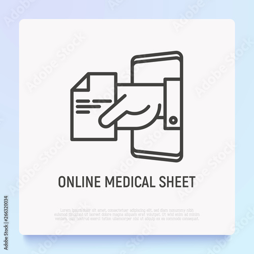 Online medical sheet, prescription thin line icon: hand with recipe from smartphone. Modern vector illustration.